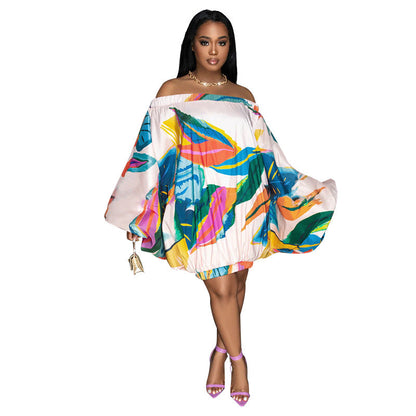 Spring Summer Off Shoulder Loose Elastic Printing Batwing Shirt Long Sleeve Dress by Ragazza
