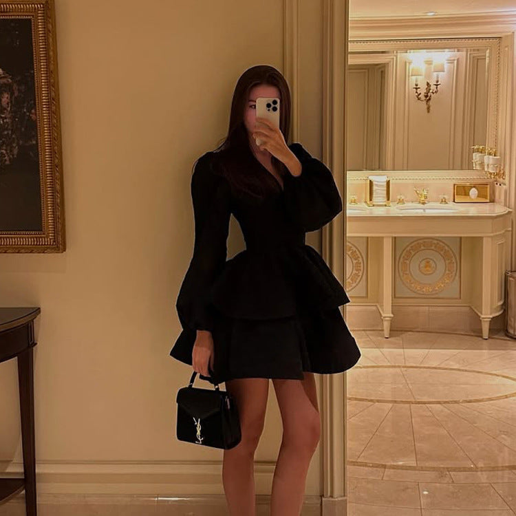 Women Clothing Spring Autumn Puff Sleeve A line Dress V neck Waist-Controlled Black Pettiskirt by Ragazza