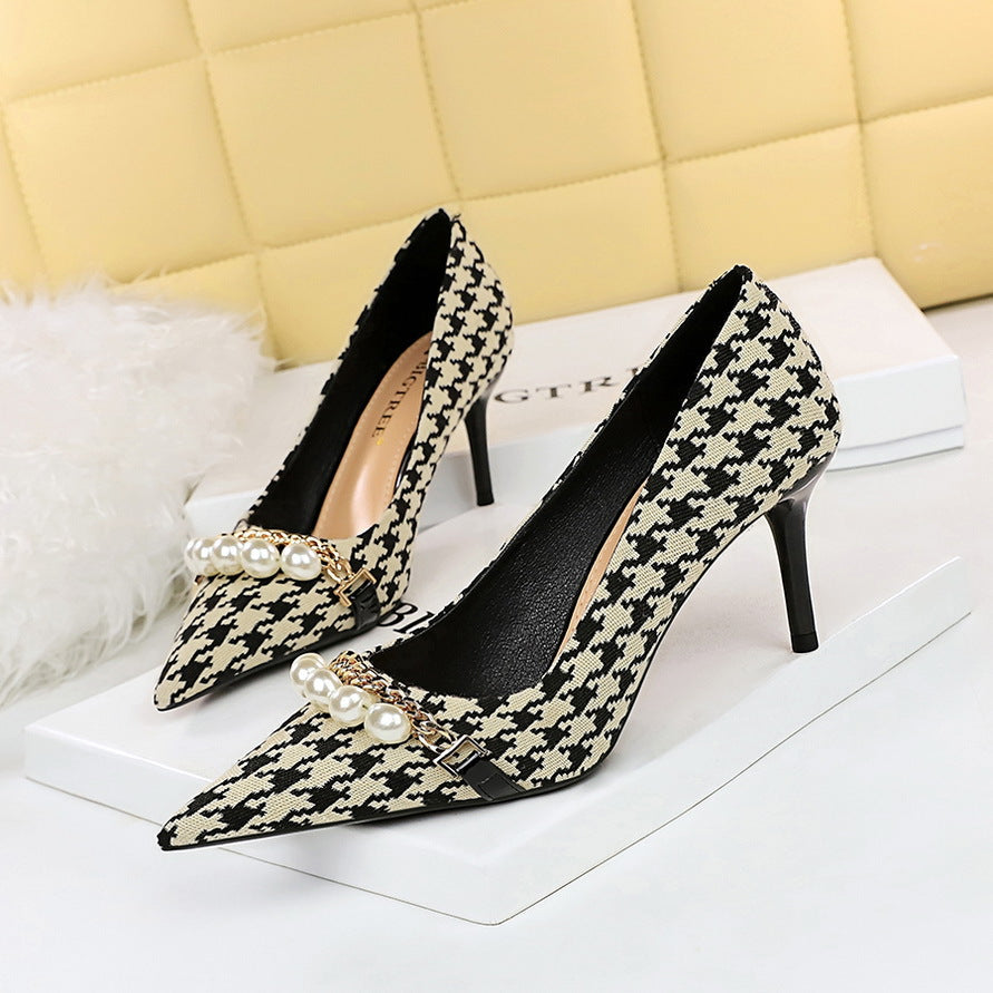 Houndstooth High Heels Stiletto Heel Shallow Mouth Pointed Pearl Chain Plaid Women Shoes  DestGlow