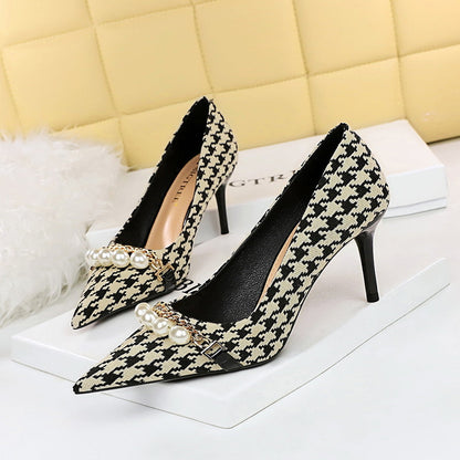Houndstooth High Heels Stiletto Heel Shallow Mouth Pointed Pearl Chain Plaid Women Shoes  DestGlow