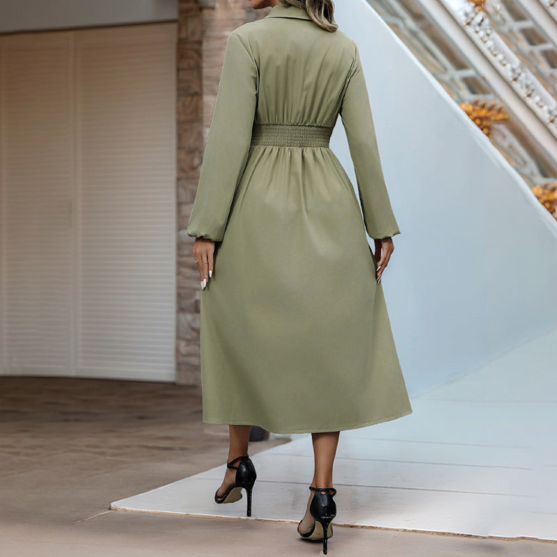 Spring Autumn Cardigan Button Polo Collar Solid Color Long Sleeve Slim Fit Dress  DestGlow
