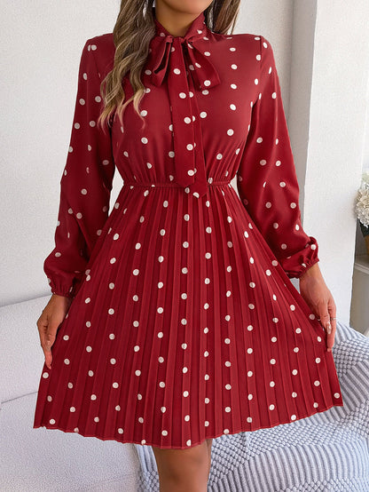 Real Shot Spring Summer Polka Dot Self Tie Waist Controlled Long Sleeves Pleated Women Clothing by Ragazza