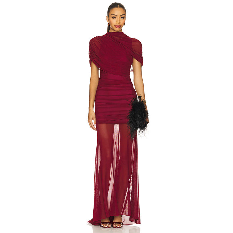 Women Clothing Summer Solid Color Mesh Stitching Short Sleeve Pleated Trailing Slim Fit Maxi Dress by Ragazza