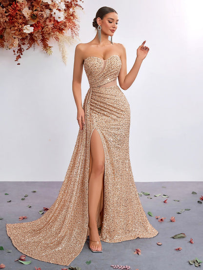 Light Luxury Sequ Tube Top Sexy High Waist Slit Fishtail Evening Dress Cocktail High Grade Socialite Dress by Ragazza