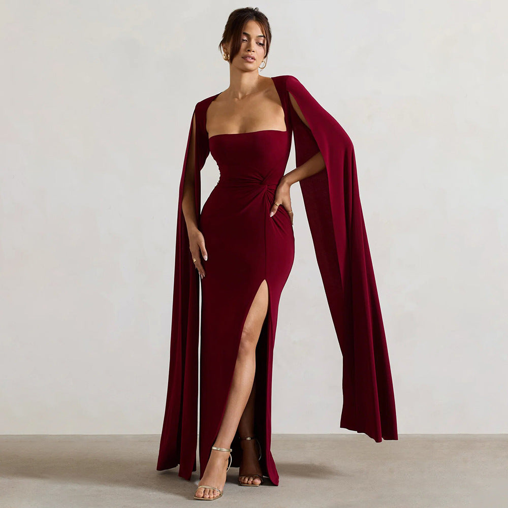 Dress Square Collar Mop Long Sleeve High Slit Solid Color Sexy Dress by Ragazza