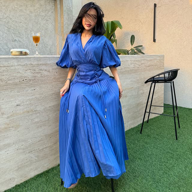 French Personalized Puff Sleeve Design V neck High Waist Tight Waist Design Maxi Dress Autumn Solid Color Women Dress by Ragazza