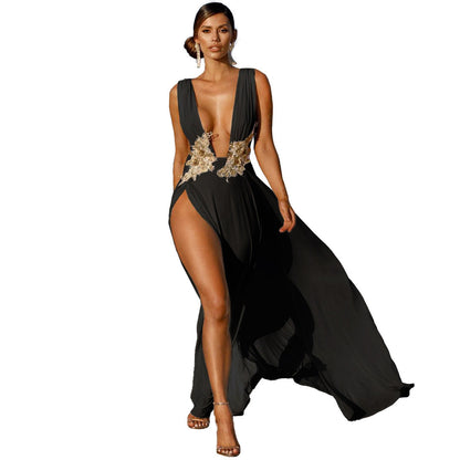 New Ladies Maxi Dress Sexy Fashion Wedding Evening Dress Deep V Plunge Plunge High Slit Part Large Swing Mop Dress by Ragazza