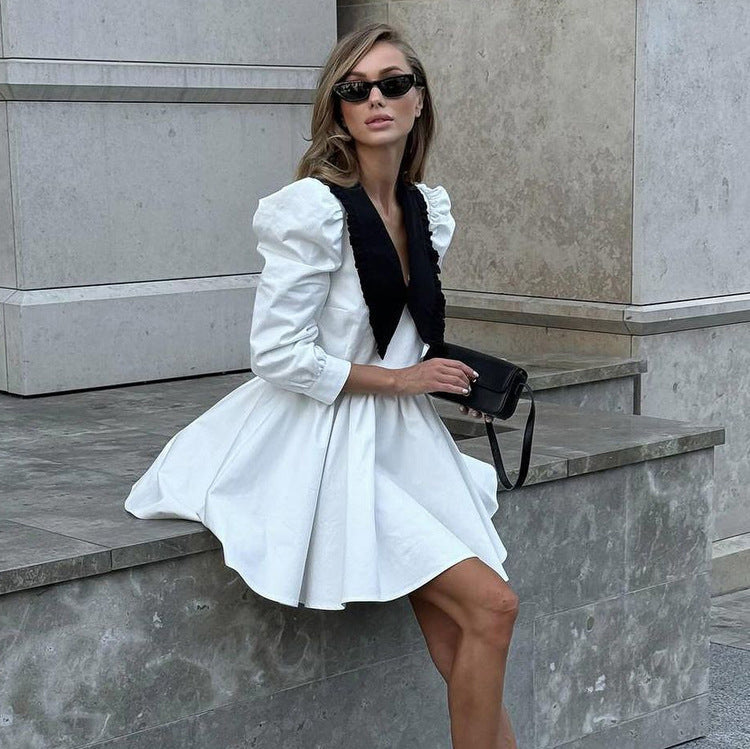 Spring Autumn French Black White Contrast Color Doll Collar Short Dress Women Elegant Pleated A line Dress by Ragazza