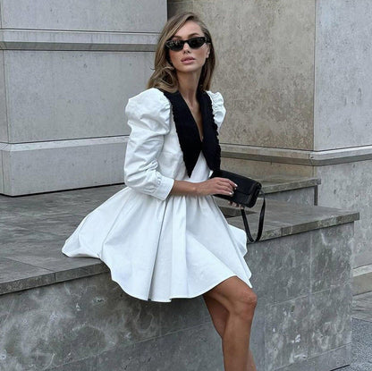 Spring Autumn French Black White Contrast Color Doll Collar Short Dress Women Elegant Pleated A line Dress by Ragazza