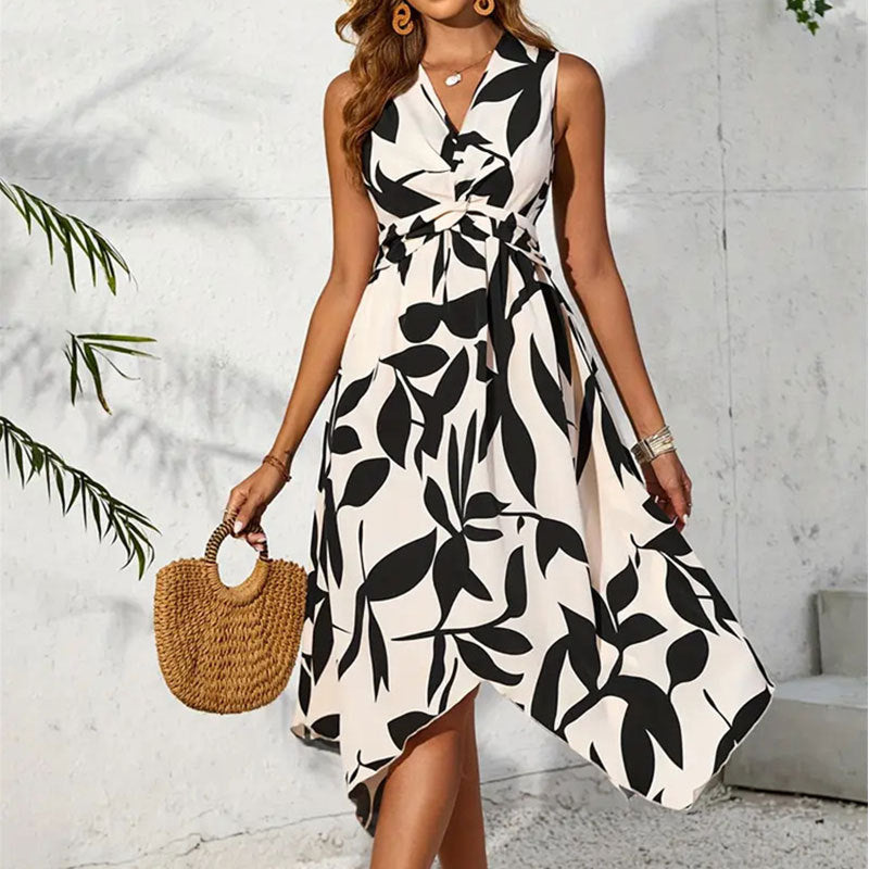 Long Sleeveless Midi Leaf Print Twist Irregular Asymmetric Dress Spring Summer Women by Ragazza