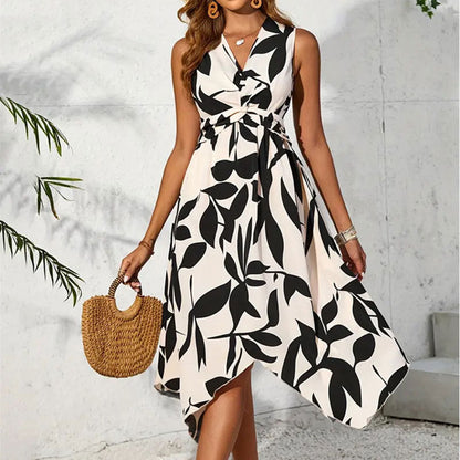 Long Sleeveless Midi Leaf Print Twist Irregular Asymmetric Dress Spring Summer Women by Ragazza