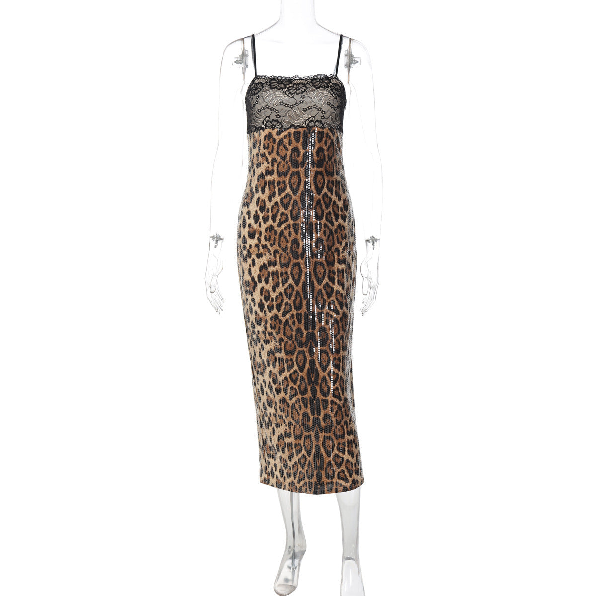 Fall Women Clothing Lace Patchwork Slit Bandeau Sling Leopard Print Dress by Ragazza