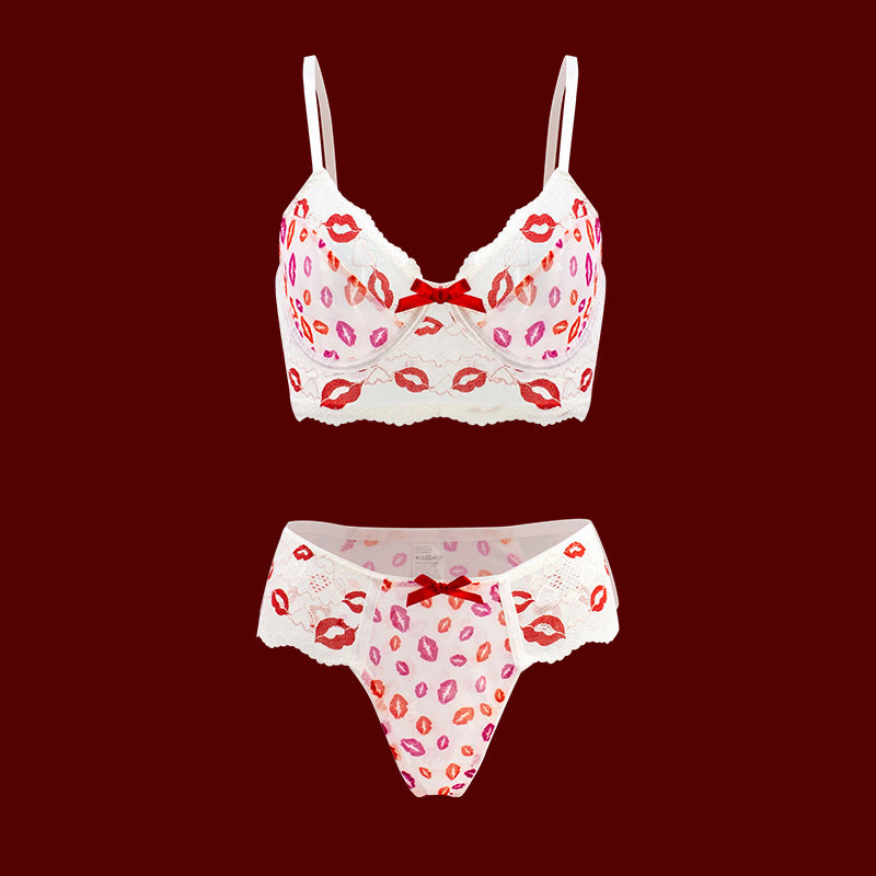 Sexy Lingerie Supply Sexy Seduction Red Lip Mesh Bra Busty Gathering Sexy Two Piece Sets by Ragazza