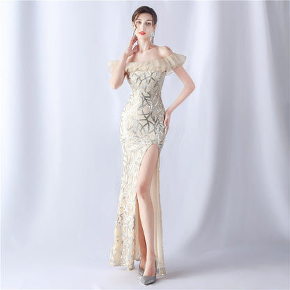 Fabric Sequin Combined With Embroidery Thread Heavy Craft Folding Organza Boutique Evening Dress by Ragazza