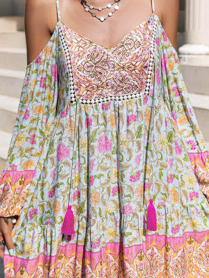 Loose Printed Off Shoulder Tassel Dress Vacation by Ragazza