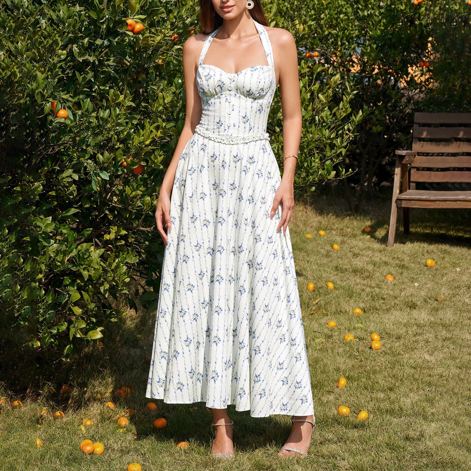 Four Sided Stretch Halter Tied Dress Sexy Backless Smocking Waist Slimming Wooden Ear Dress by Ragazza