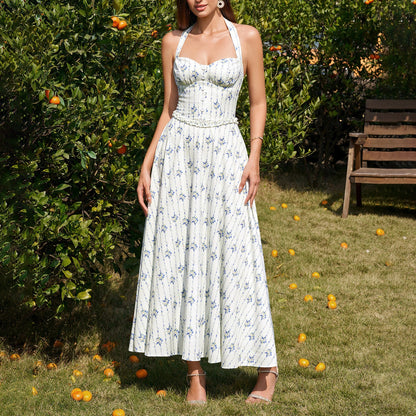Four Sided Stretch Halter Tied Dress Sexy Backless Smocking Waist Slimming Wooden Ear Dress by Ragazza