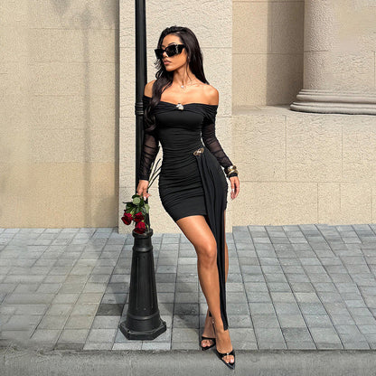 Sexy Short off Shoulder Sexy Backless Mesh Stitching Long Sleeve Dress by Ragazza