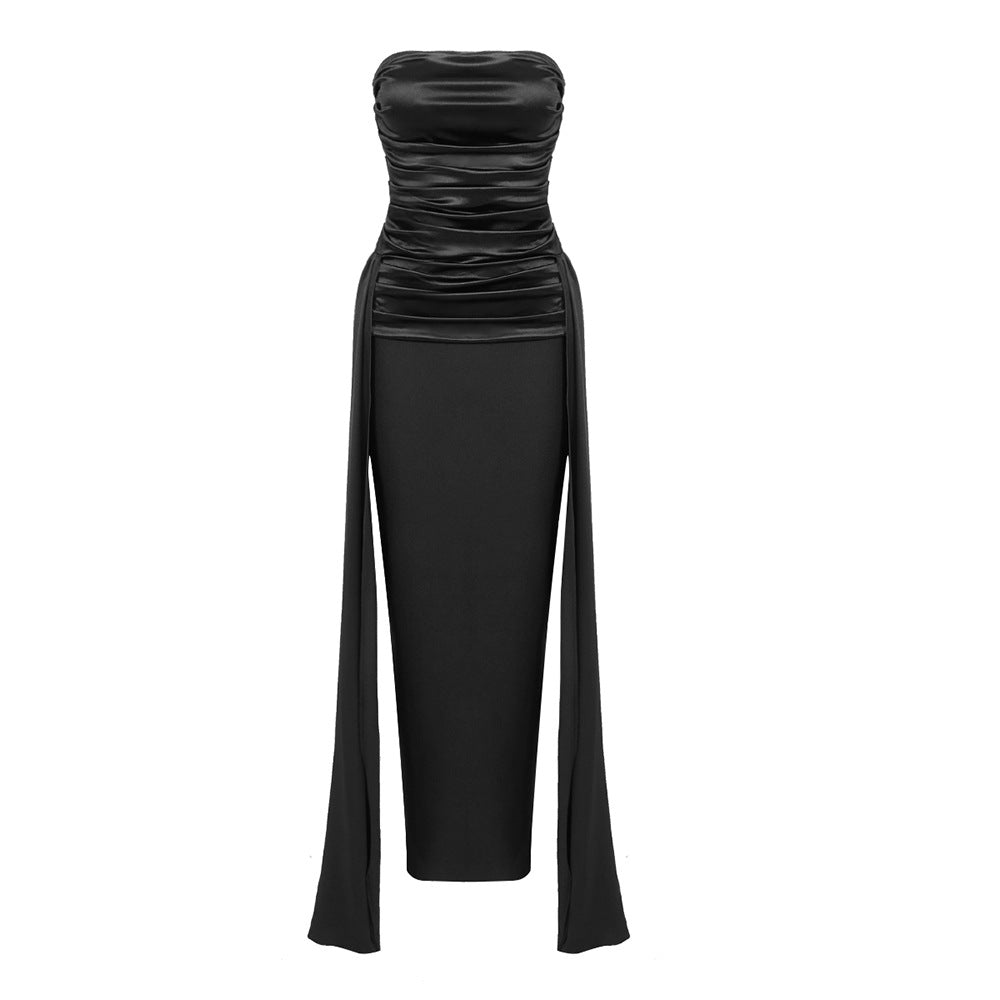 Women Black Tube Top Pleated Ribbon Dress Summer Dress by Ragazza