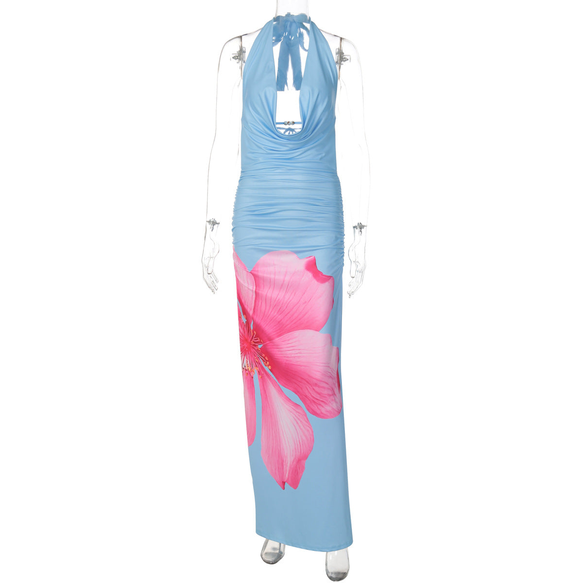 Spring Sexy Backless Slim Fit Maxi Dress Lace up Halterneck Printed Dress by Ragazza