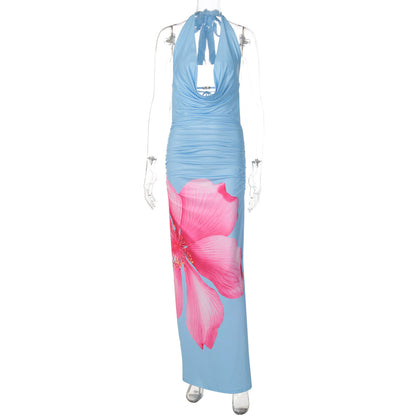 Spring Sexy Backless Slim Fit Maxi Dress Lace up Halterneck Printed Dress by Ragazza