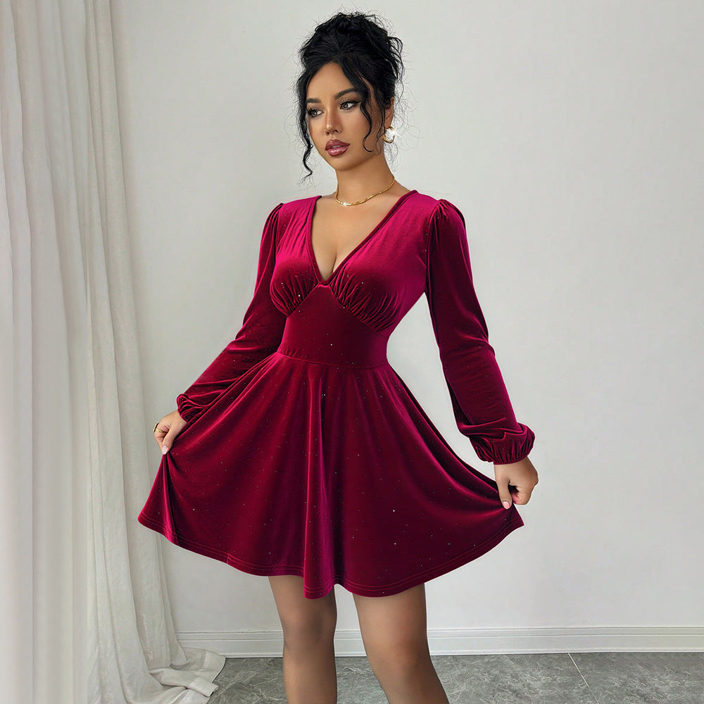 Retro Socialite Christmas Wine Red Velvet V neck Lantern Sleeve Slim Slimming A line Pleated Short Dress by Ragazza