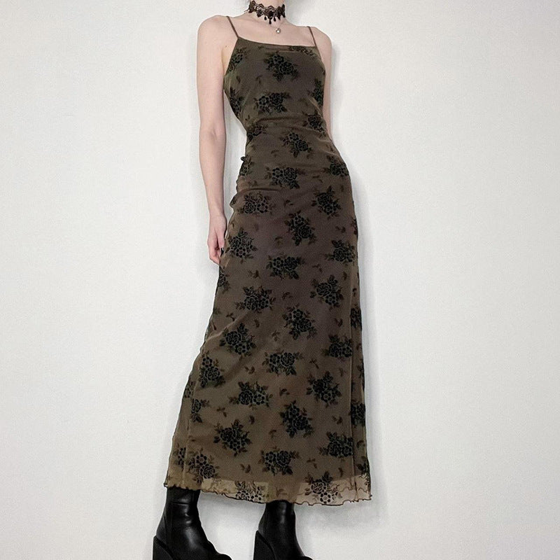 French Retro Elegant Adult Lady Woman Floral Print Maxi Dress Mesh Wooden Ear Off Neck Slim Strap Long One Step Dress by Ragazza