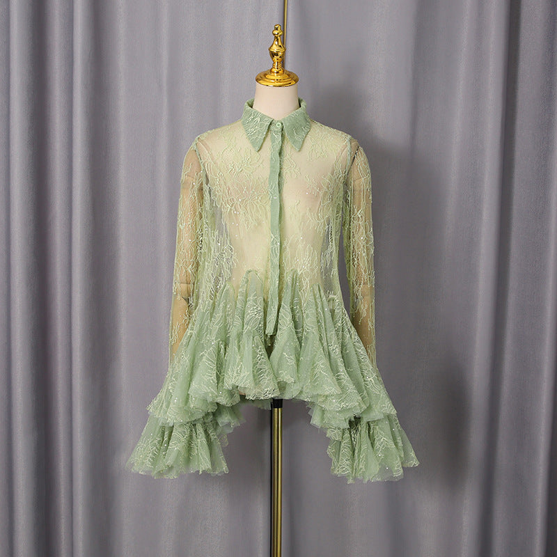 French Sexy Short Dress Spring Polo Collar Single Breasted Waist Controlled Slimming Long Sleeve Lace Stitching Dress by Ragazza