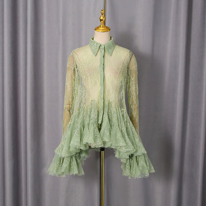 French Sexy Short Dress Spring Polo Collar Single Breasted Waist Controlled Slimming Long Sleeve Lace Stitching Dress by Ragazza