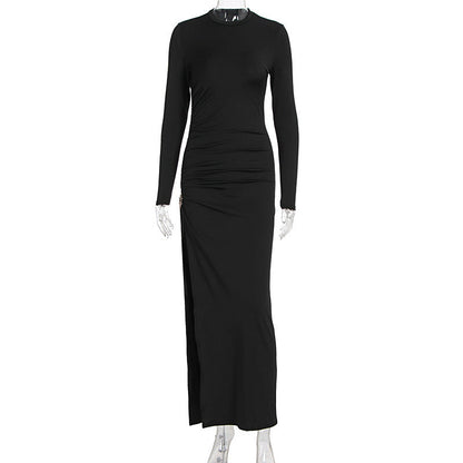 Early Autumn Women Clothing Long Sleeve Dress Lace up Slimming Slit Metal Decorative Maxi Dress Women by Ragazza