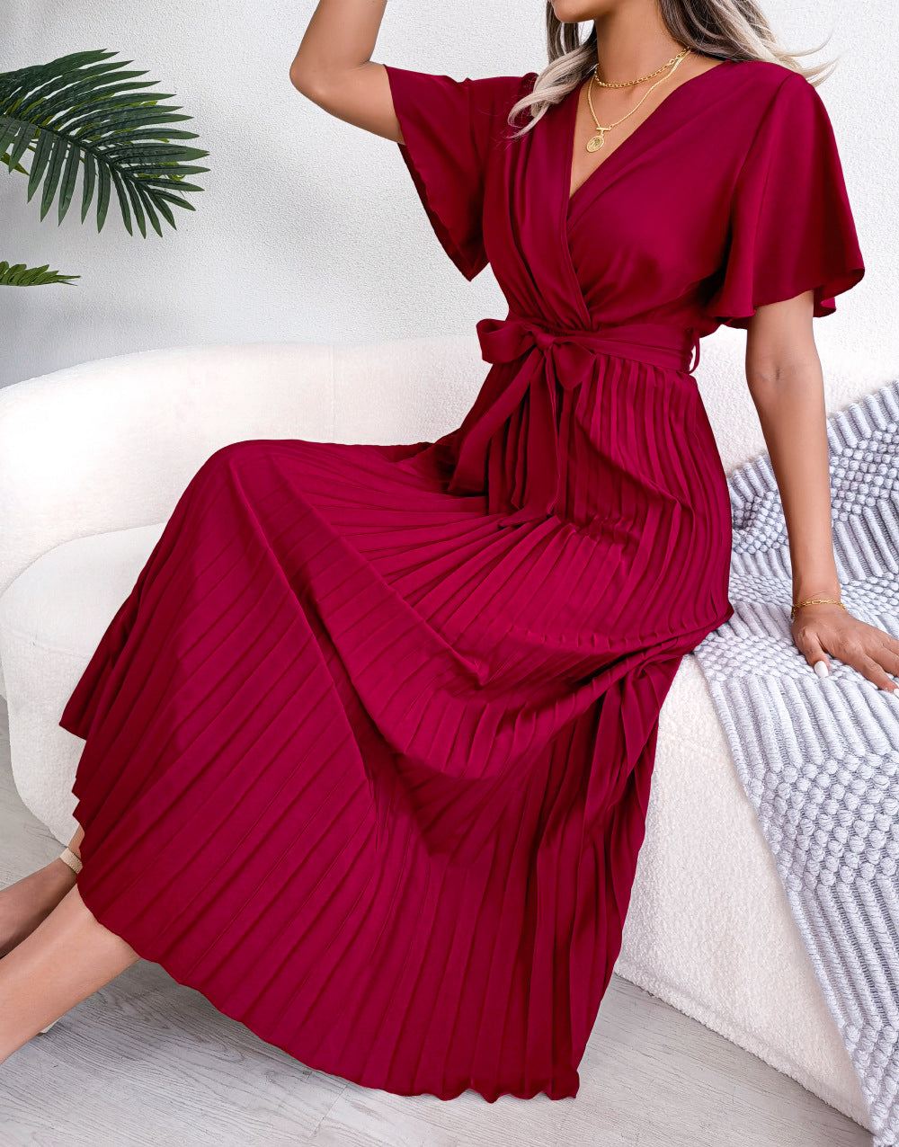 Spring Summer Elegant Criss Cross V-neck Swing Pleated Dress Women Clothing by Ragazza