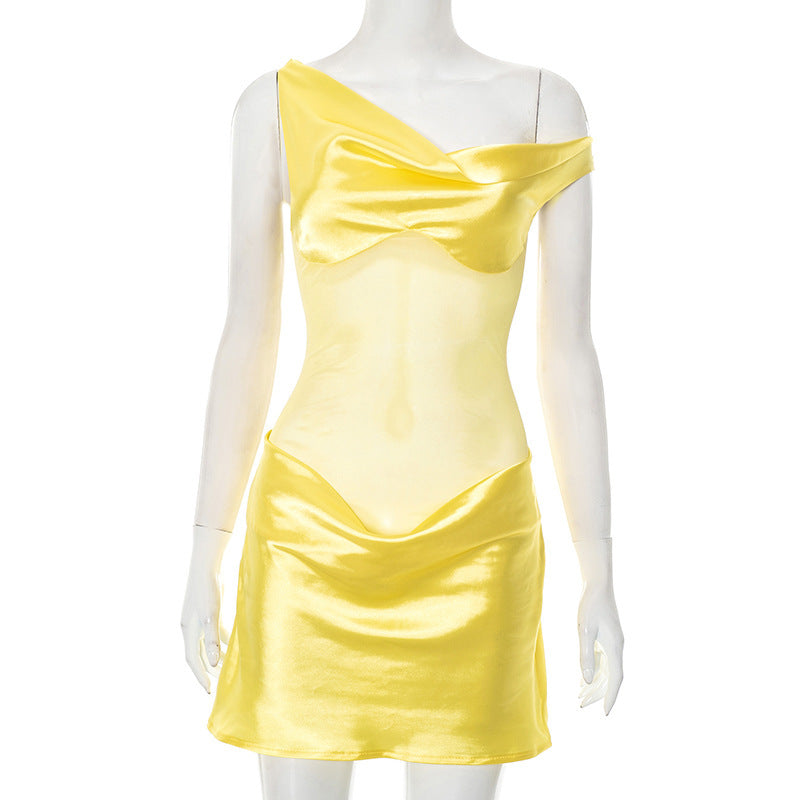 Women Clothing Summer Artificial Silk Stitching Mesh Sloping Shoulder Dress by Ragazza