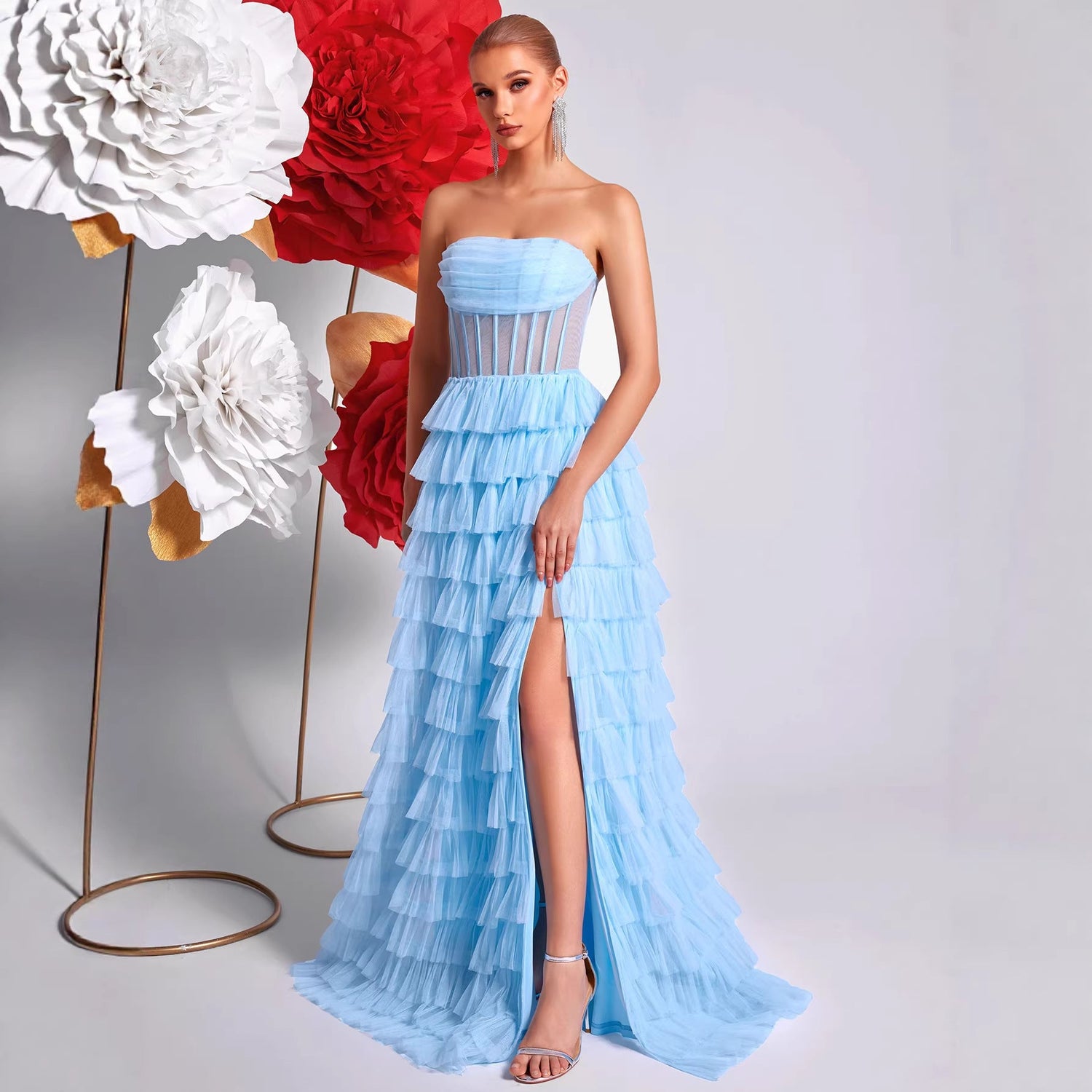 Ice Blue Strapless Evening Dress Three Dimensional Multi Layer Mesh Design See through Waist Split Cocktail Dress by Ragazza