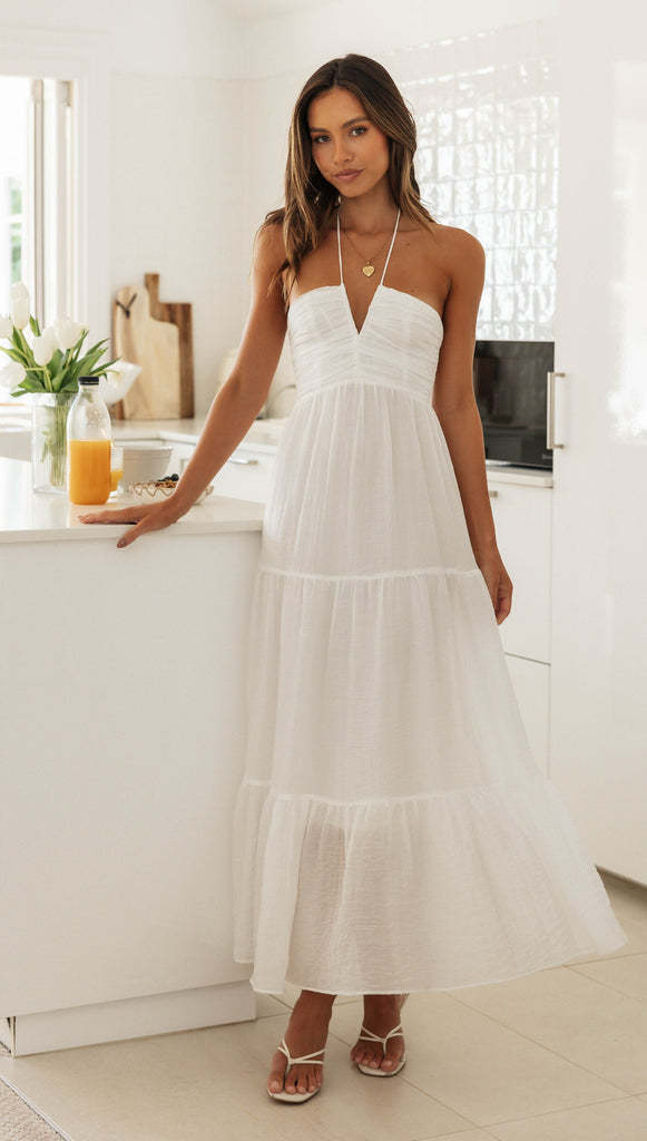 Women V neck Brace Maxi Dress Elegant Shoulder Baring Sleeveless Sling by Ragazza