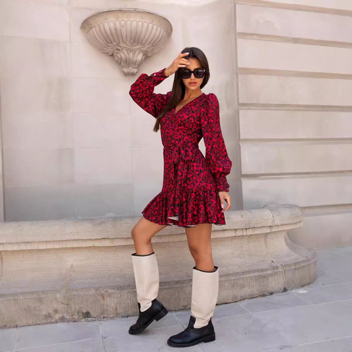 Women Clothing Autumn Printed V neck Long Sleeve Ruffles Dress by Ragazza