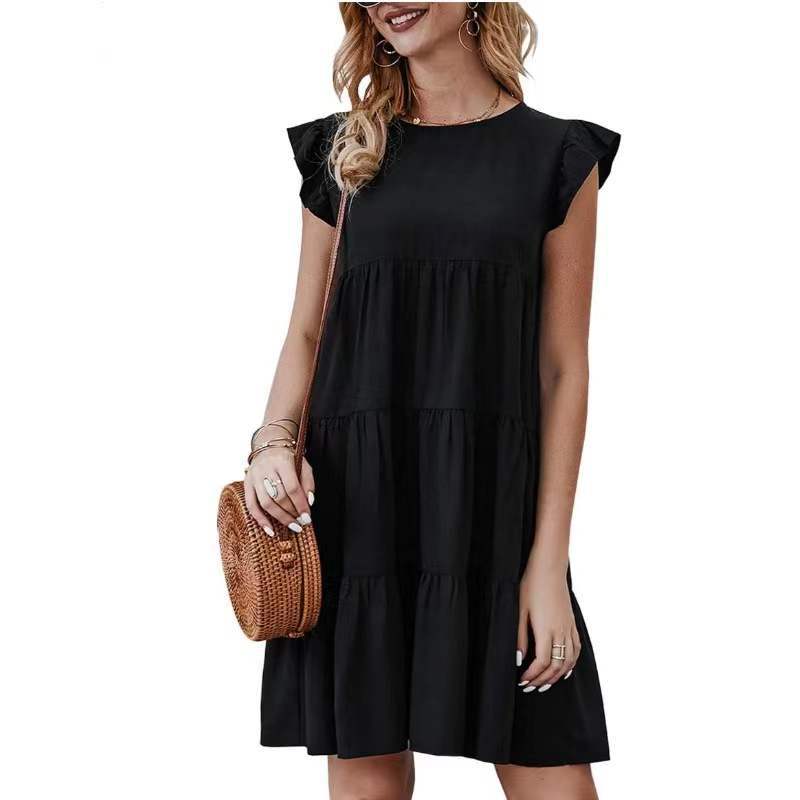 Summer Solid Color round Neck Short Sleeves Dress Casual Tiered Dress Pleated Large Swing Dress by Ragazza