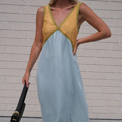 Fashionable V Neck Sleeveless Color Matching Cuprammonuium Large Swing Dress Spring Summer by Ragazza