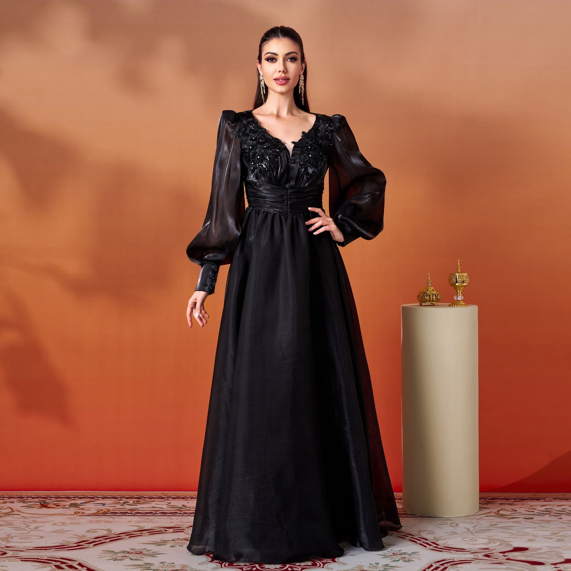 Women Clothing Advanced Long Sleeve V neck Lace Cocktail Large Swing Evening Dress by Ragazza