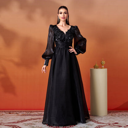 Women Clothing Advanced Long Sleeve V neck Lace Cocktail Large Swing Evening Dress by Ragazza