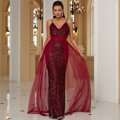 Sleeveless Elegant Sexy Long Sequined Lace V neck Backless Cocktail Evening Bridesmaid Dress Women Maxi by Ragazza