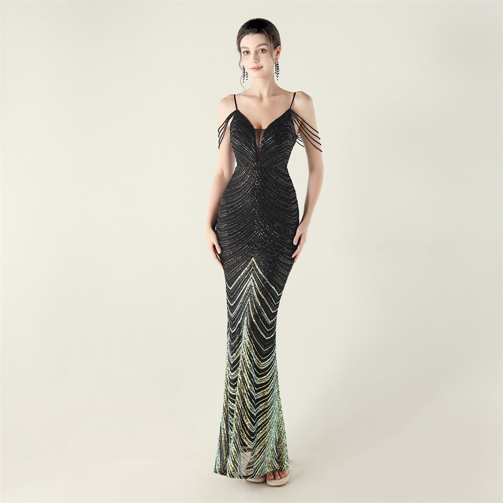 Deep V Plunge neck Wave Gradient Sequin Evening Dress Positioning Floral Cutting Craft Beaded Cocktail Battle Gown by Ragazza