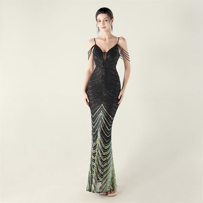 Deep V Plunge neck Wave Gradient Sequin Evening Dress Positioning Floral Cutting Craft Beaded Cocktail Battle Gown by Ragazza