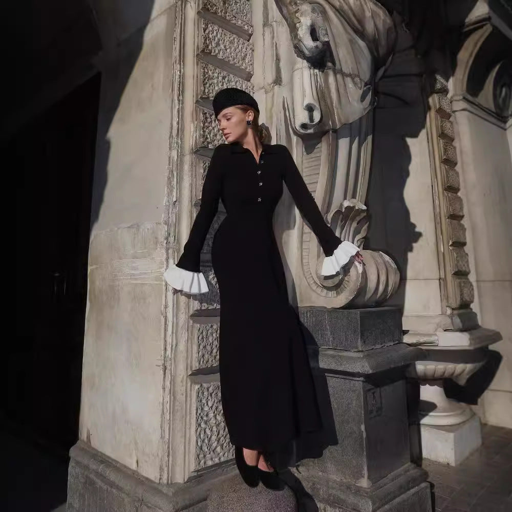 Dehaired Angora Covering Yarn Slimming Patchwork Long Sleeved Knitted Maxi Dress Casual Waist Tight Maxi Dress for Women by Ragazza