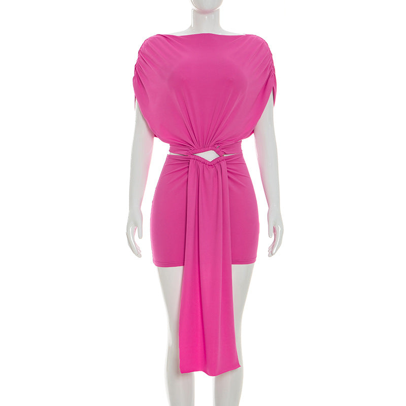 Women Clothing Summer Solid Color Casual Slim Pleated Short Sleeves Hollow Out Cutout Ribbon Short Dress by Ragazza