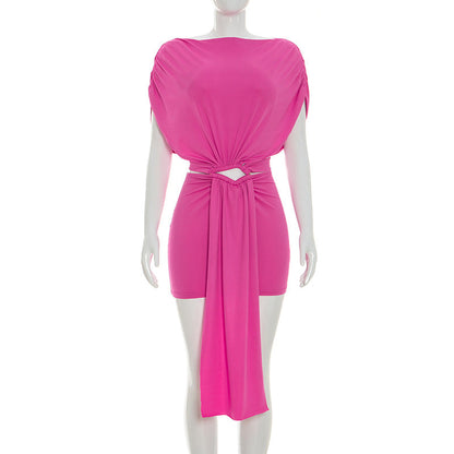 Women Clothing Summer Solid Color Casual Slim Pleated Short Sleeves Hollow Out Cutout Ribbon Short Dress by Ragazza