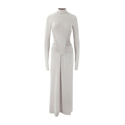 Women Clothing Turtleneck Long Sleeve Slim Fit Design Pleated Long Light Luxury Dress  DestGlow