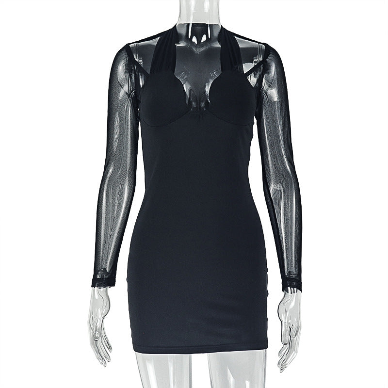 Solid Color Slim Fit Women Clothing Sexy Patchwork Socialite Hip Dress Wrapped Chest Mesh Long Sleeve Short Dress by Ragazza