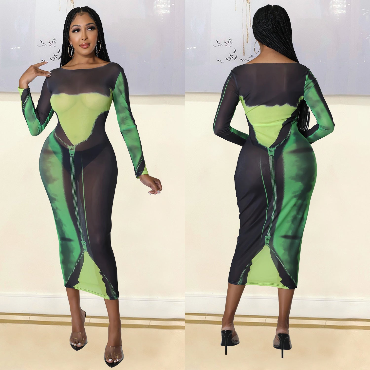 Summer Women Clothing Sexy Mesh Floral Print Long Sleeve Mid-Length Women Dress by Ragazza