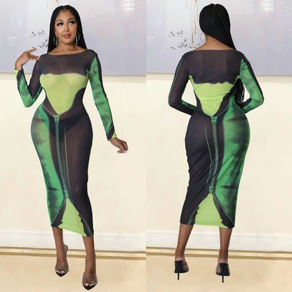 Summer Women Clothing Sexy Mesh Floral Print Long Sleeve Mid-Length Women Dress by Ragazza