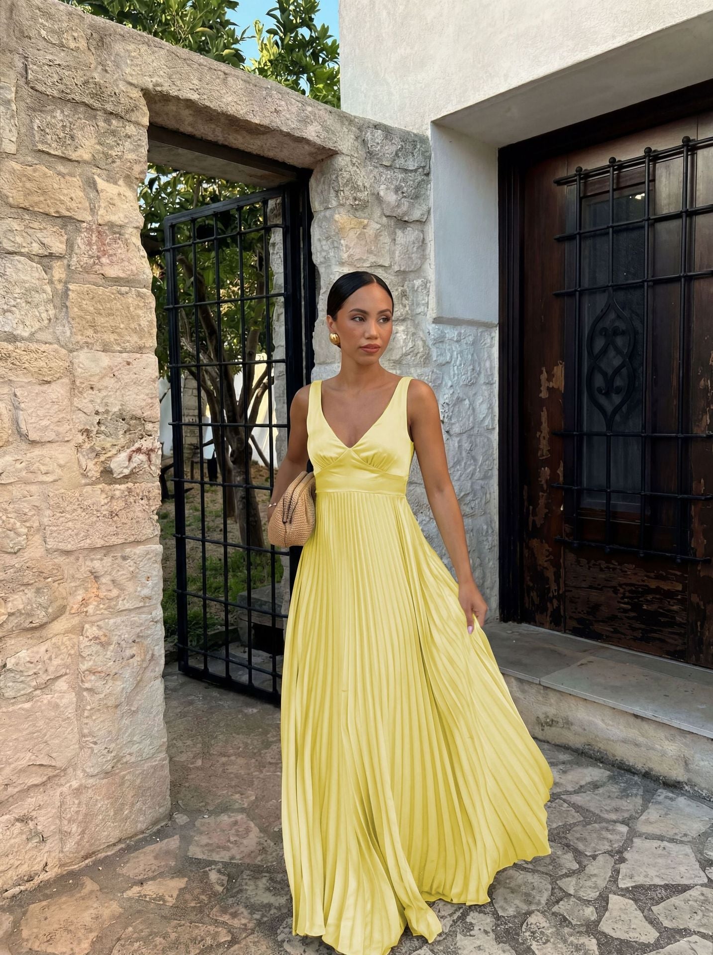 Goods Spring Summer Dress Fitted Waist Pleated V neck Brace Solid Color Dress  DestGlow